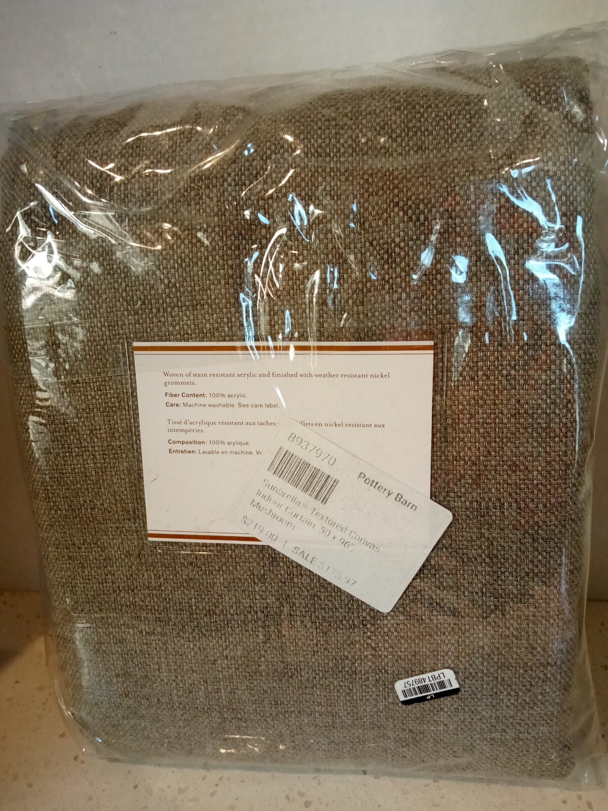 Pottery Barn Sunbrella Textured Canvas Curtain 50×96, New, Grey, 100% Acrylic