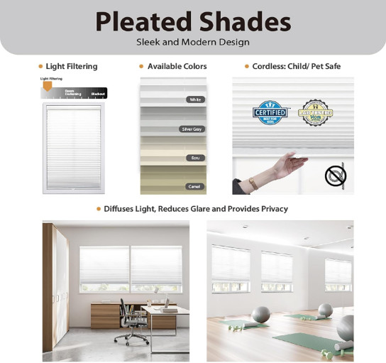5x Cordless 1″ Light Filtering Pleated Shade, Fabric, 24″ W x 48″ H, Silver Gray