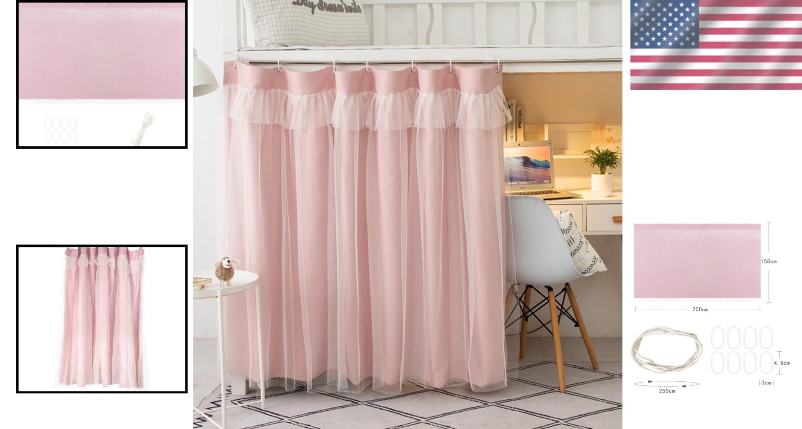 Dorm Bed Curtains Blackout Pink Bunk Bed Privacy Canopy for Student Rooms