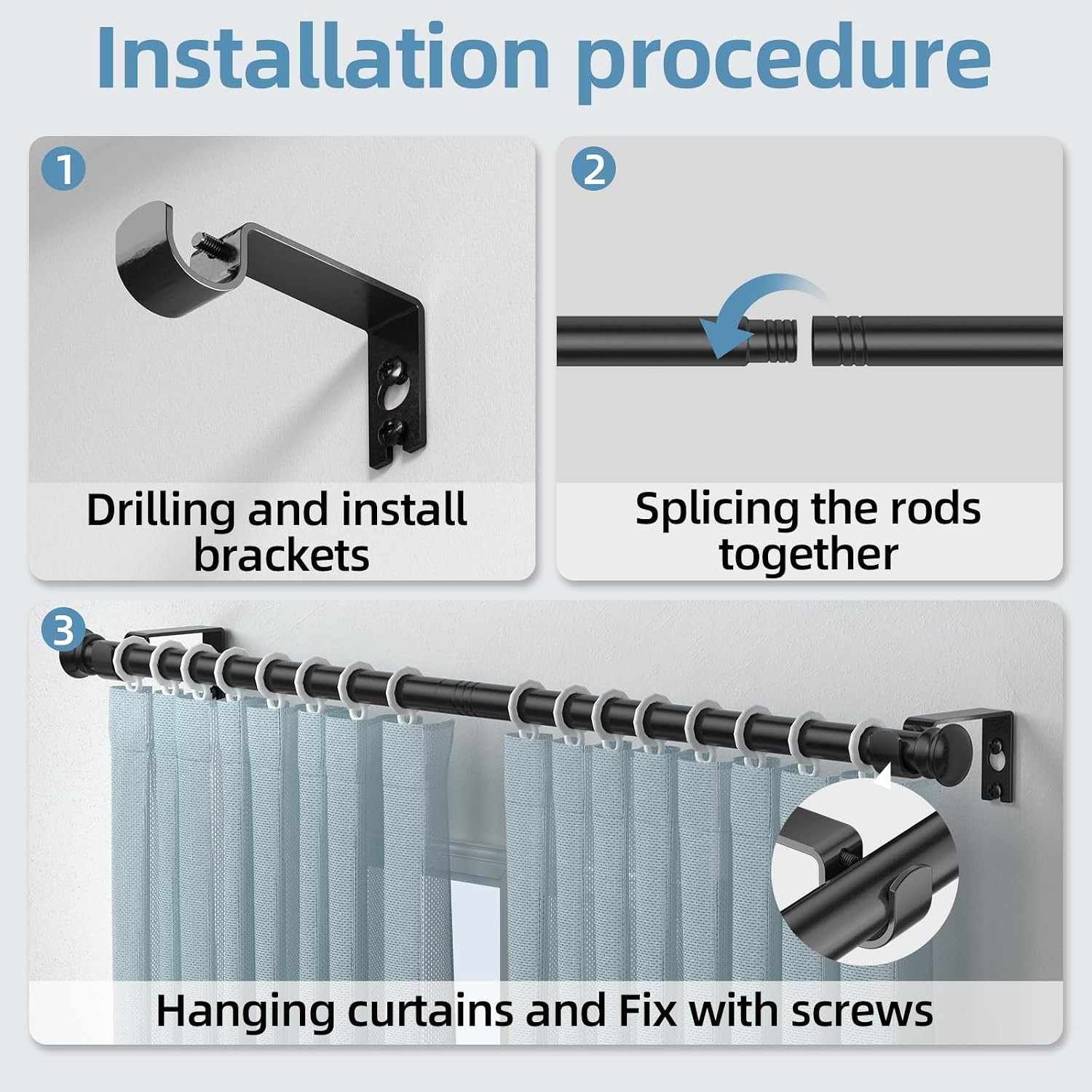 Black Curtain Rods for Windows 30 to 45 Inches with Brackets, Decorative 5/8