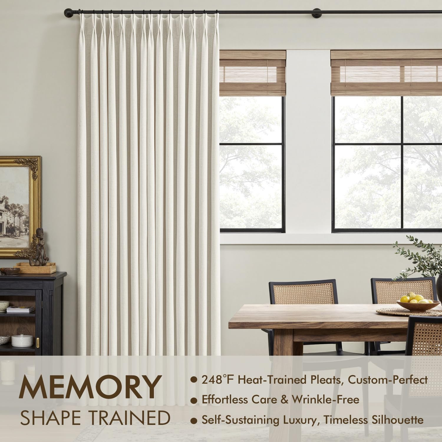 Natural Pinch Pleated 100% Blackout Linen Curtains 90 Inch Length 2 Panels Set,