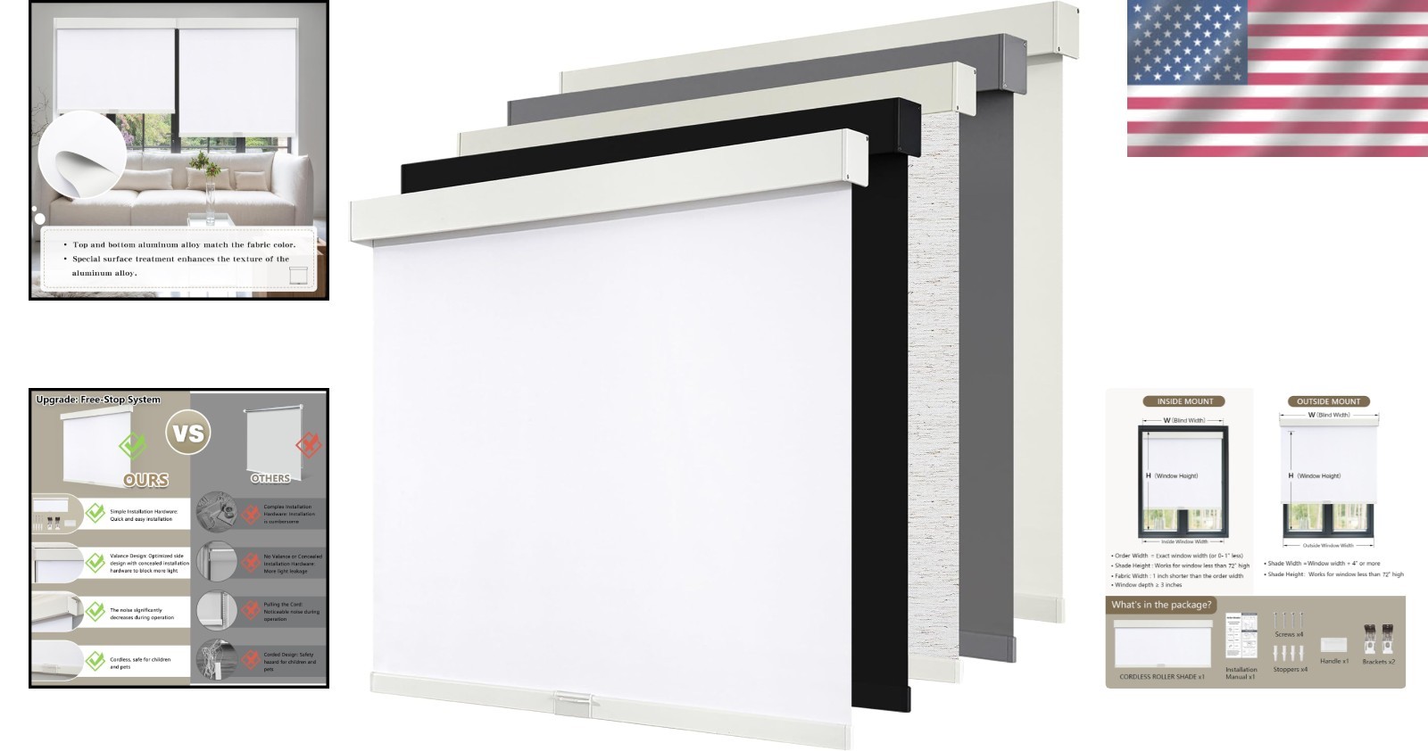 Free-Stop Cordless Roller Shades – White 20″ W x 72″ H, Ideal for Home & Office