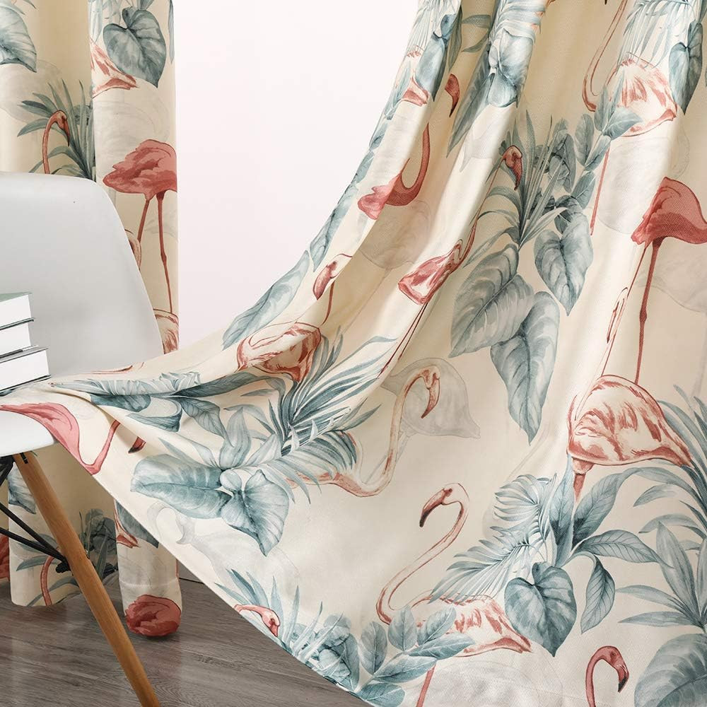 White Blackout Curtains Grommet Top Microfiber Pastoral Leaves Flamingo Floral F