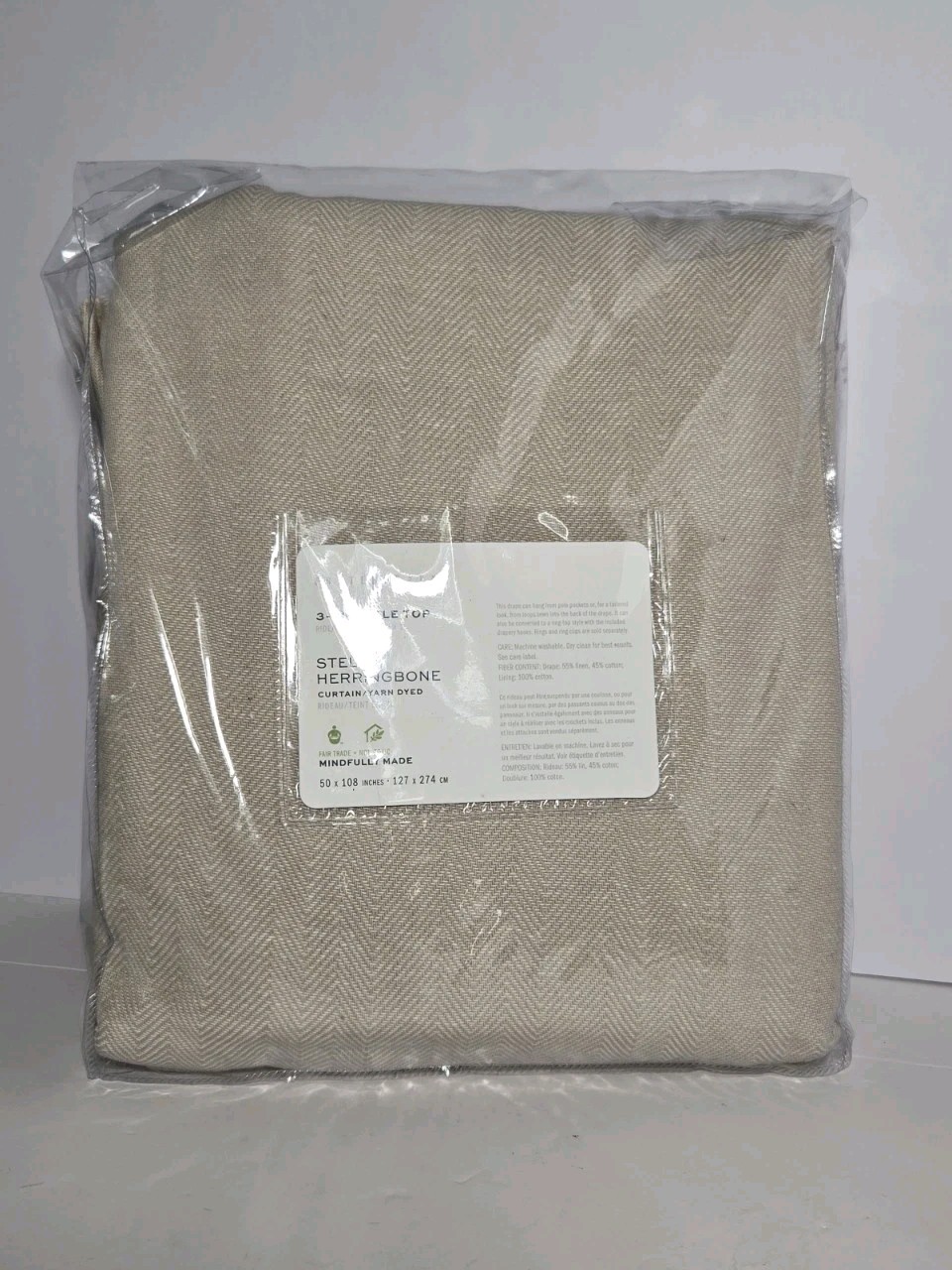 Pottery Barn Stella Herringbone Curtain Linen Flax One Drape Panel 50×108″