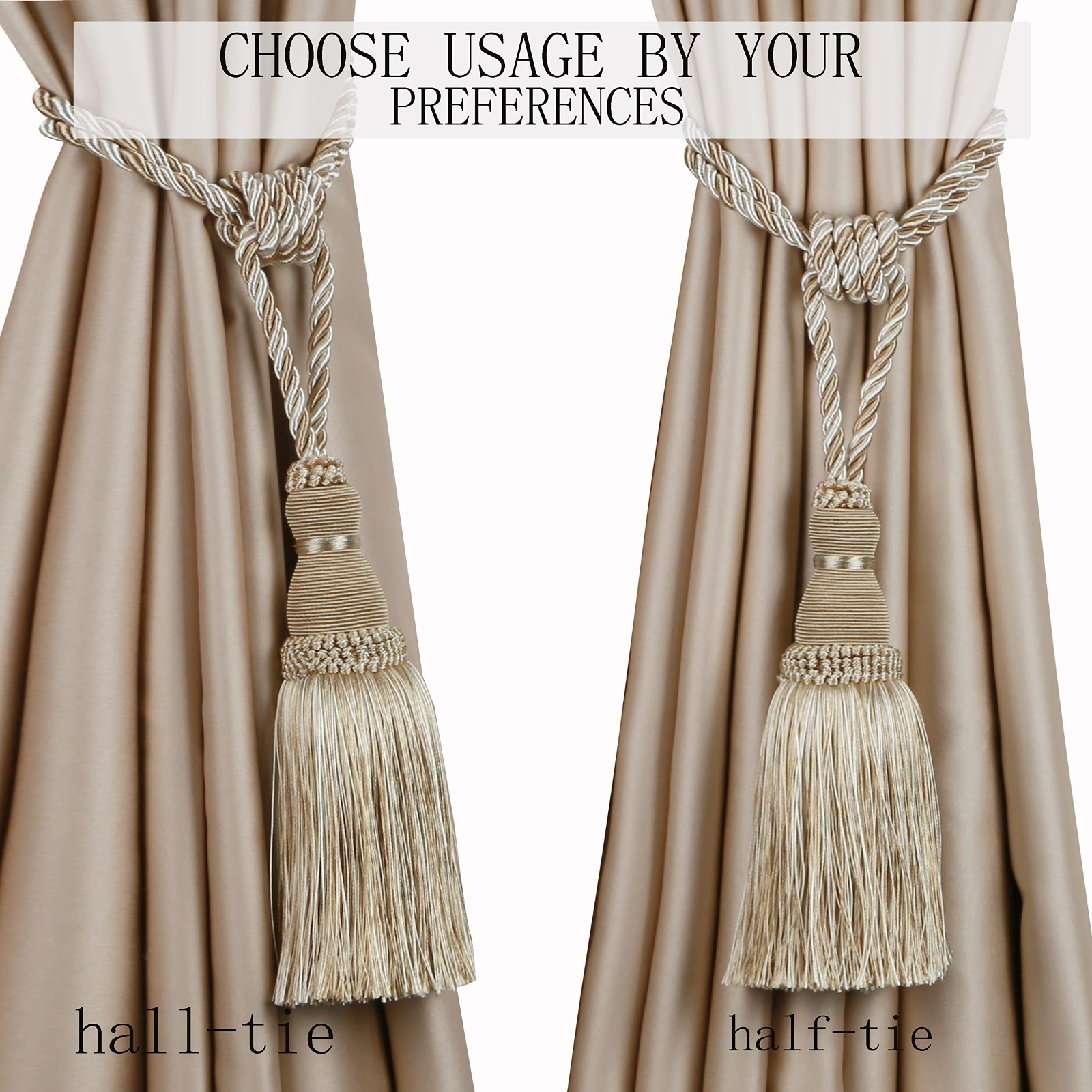 2 Pack Handmade Tassel Curtain Tiebacks – Decorative Rope Drapery Holdbacks (Bei
