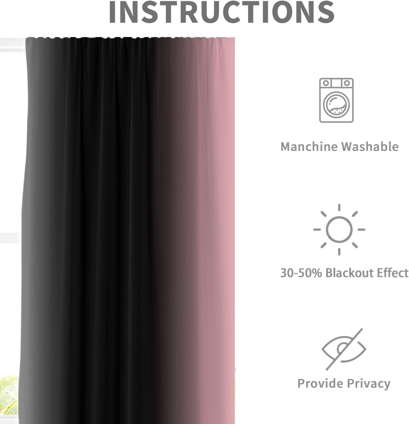 Pink Black Ombre Curtains 2 Panel Set, Grey Gradient Gothic Goth Dark Aesthetic