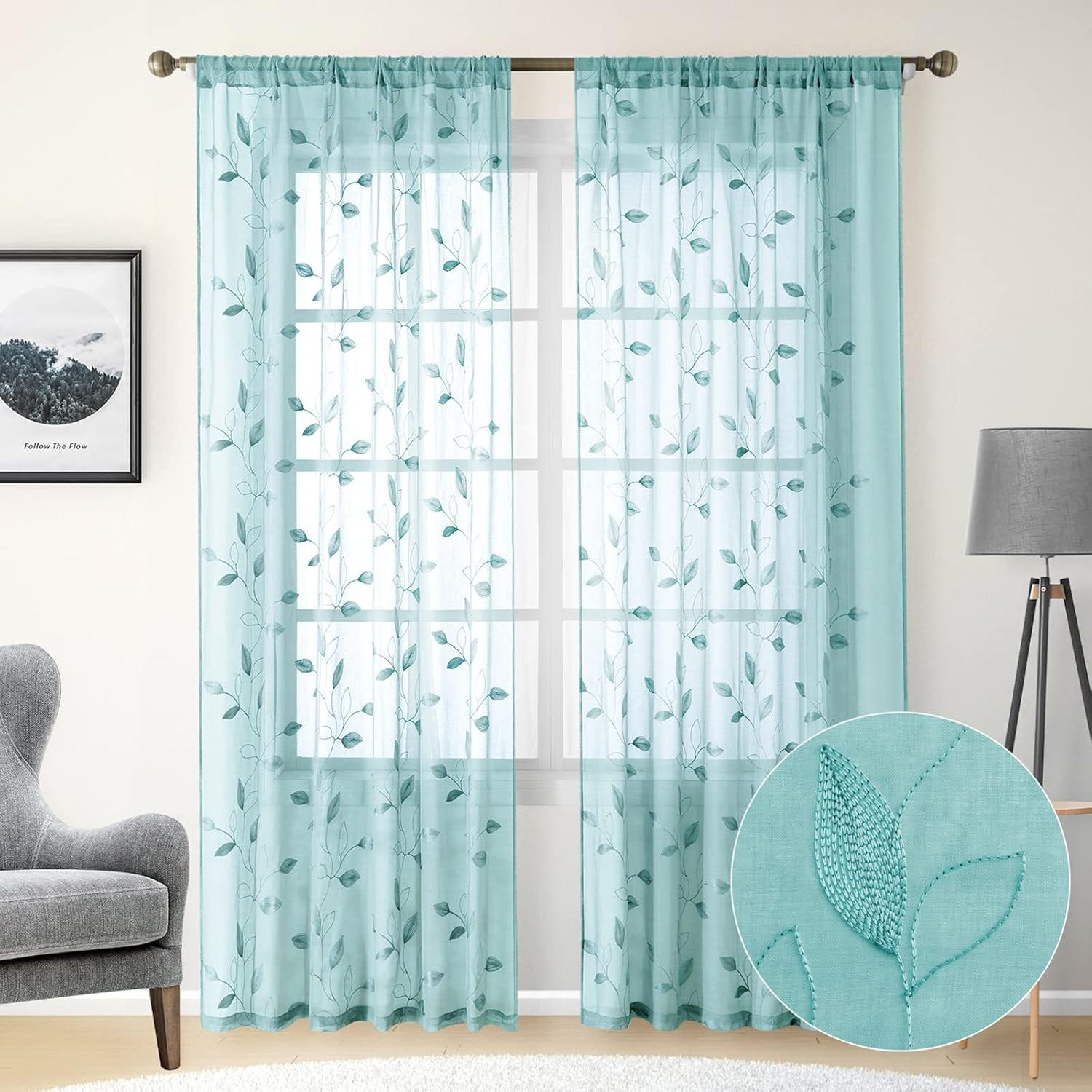 HOMEIDEAS Turquoise Aqua Sheer Curtains 52 X 84 Inches Length 2 Panels