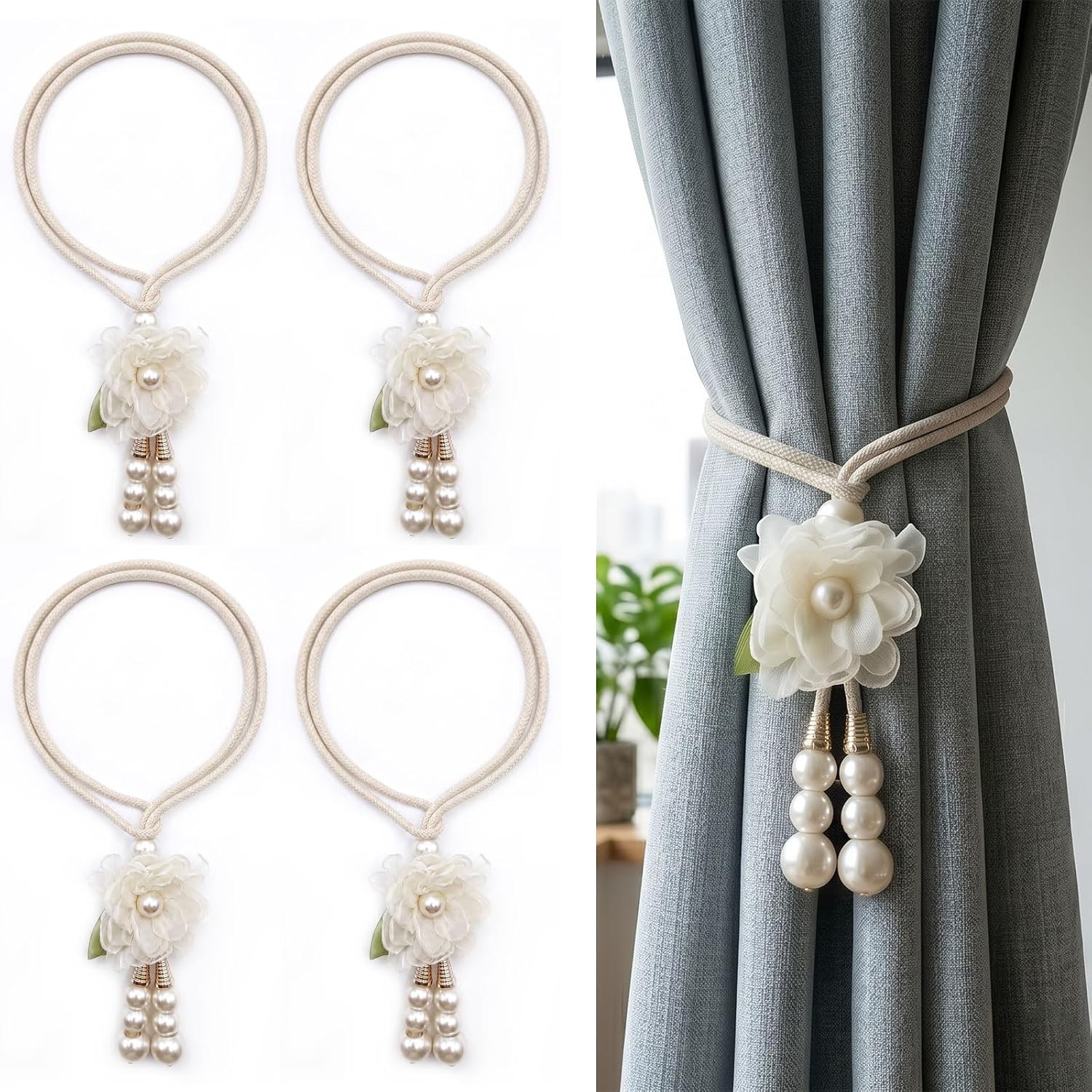 Adjustable Curtain Tiebacks， 4Pcs(2Pair) Hand-Woven Rope with Silk Flower & Pear