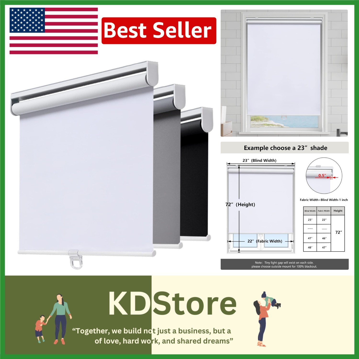 Cordless Blackout Roller Shades 23″ W x 72″ H – UV Protection & Insulation