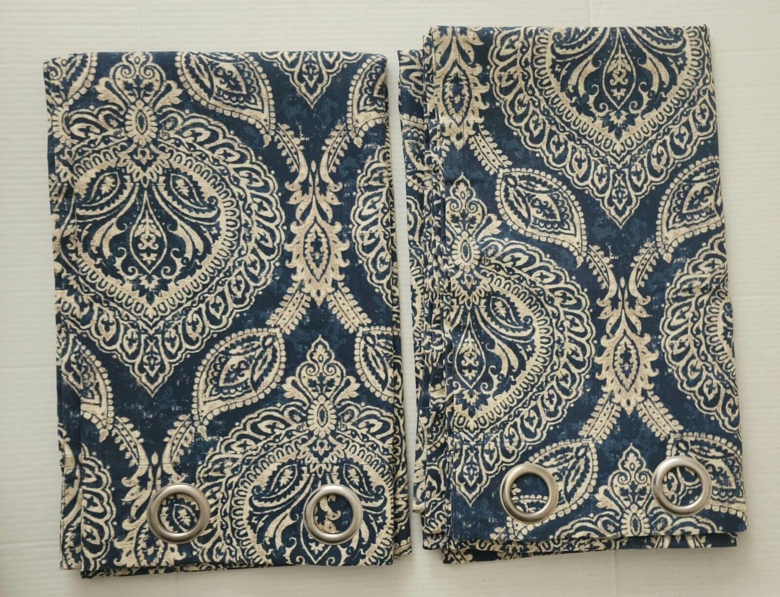 Pier 1 Keegan Indigo Curtains Set 2 50×84 Blue Ivory Damask Unused