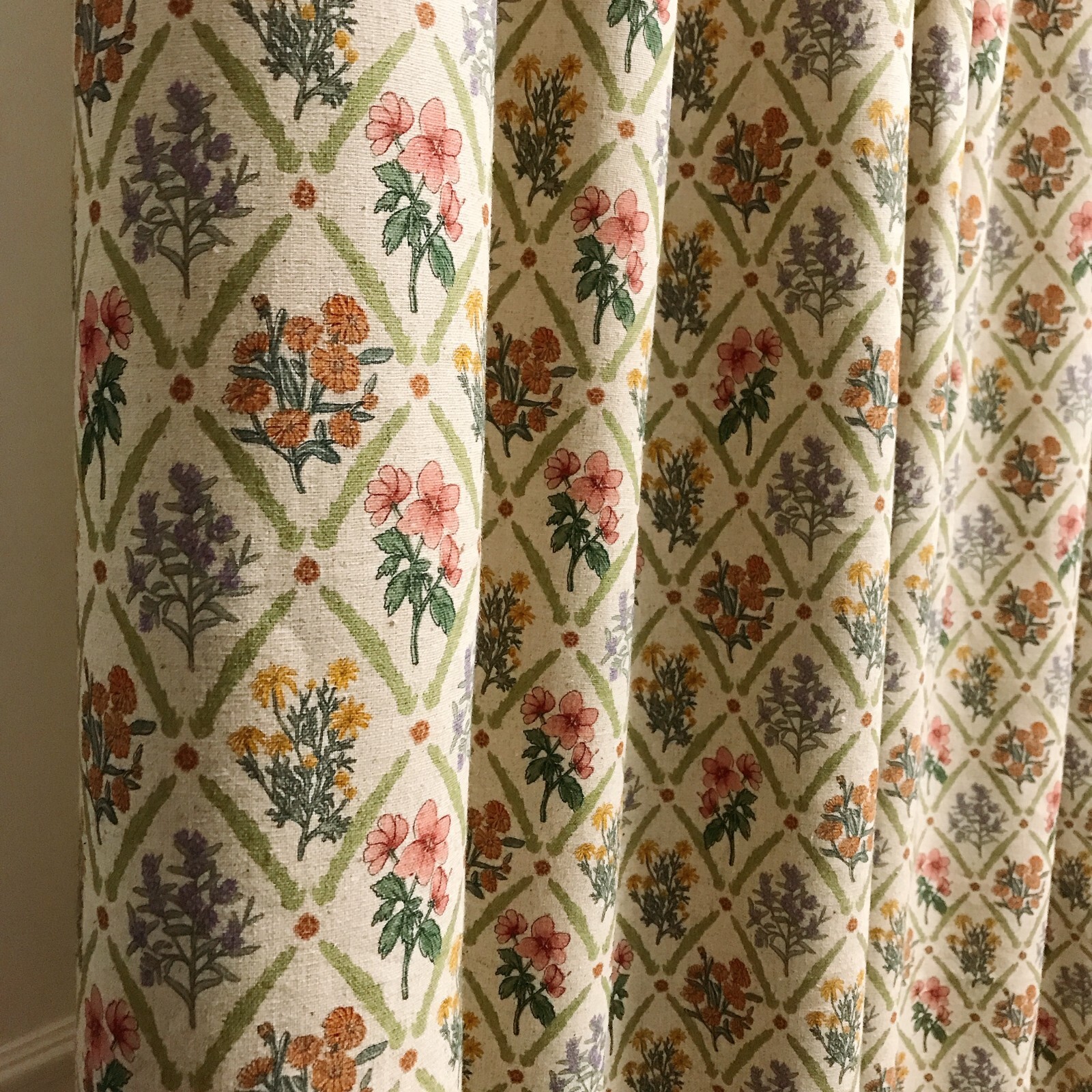 Modern Vintage Handmade Floral Rhombus Pattern Natural Beige Curtain Panels