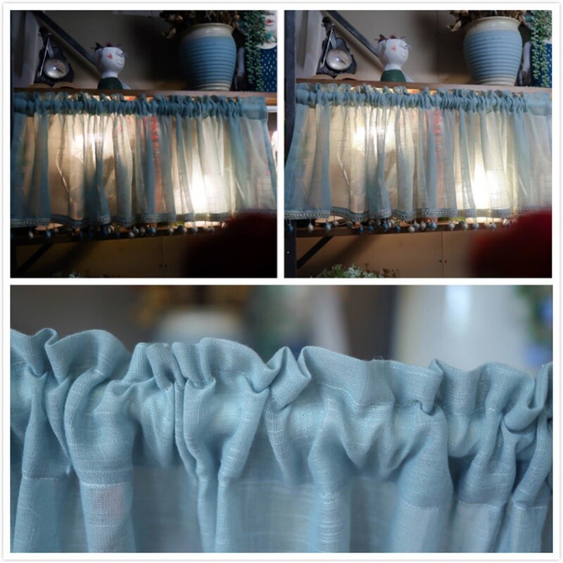 Blue Half Coffee Curtains Beads Tassel Window Curtain for Kitchen Cabinet