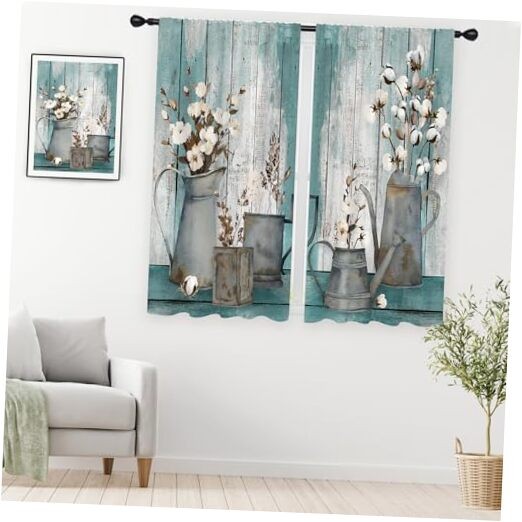 Floral Curtains Turquoise Aqua White Flowers 42″W x 63″L (Pack of 2) Teal