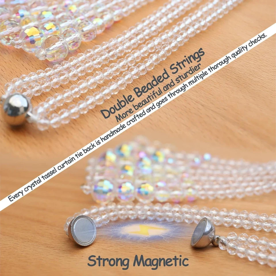 Magnetic Curtain Tiebacks, 2 Pack Crystal Beaded Tassel Sheer/Drapery Curtain Ho