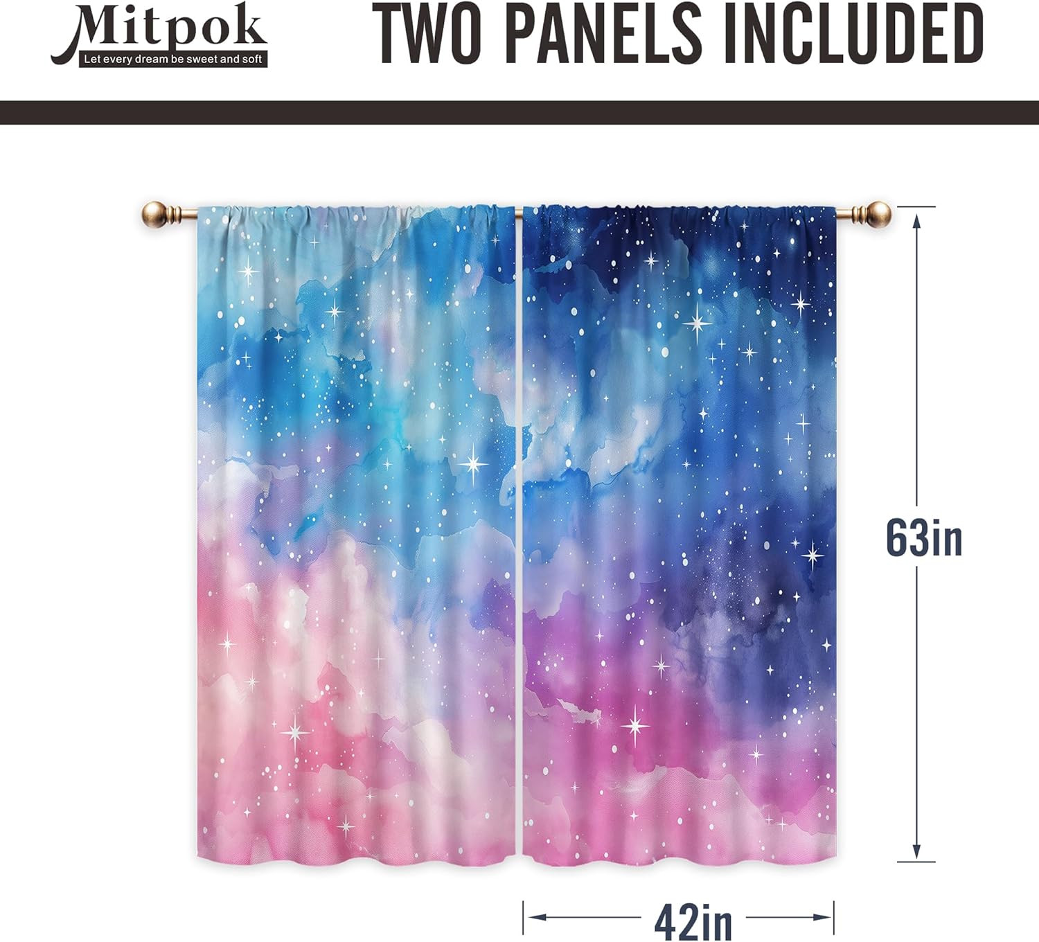 Blue Pink Galaxy Curtains for Bedroom 42Wx63H Inch Rod Pocket Kids Outer Space S