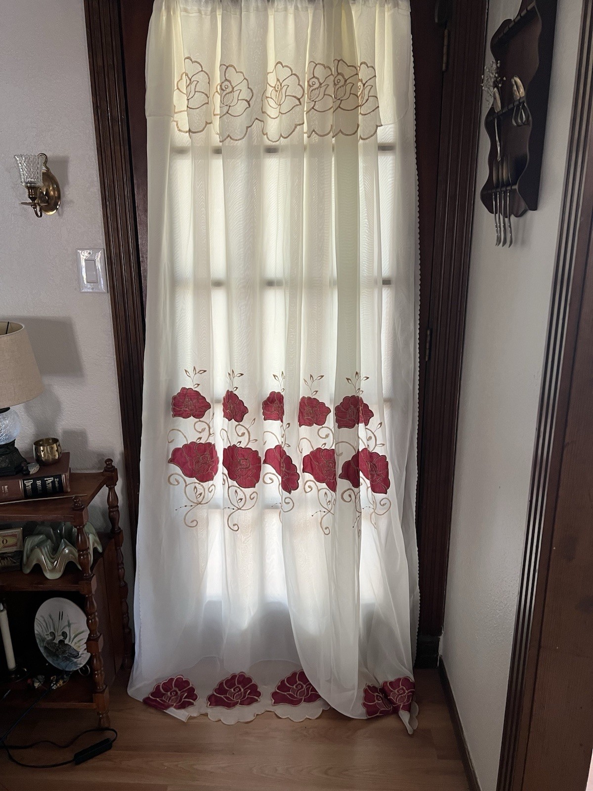 Vintage Sheer Curtain Panel with Embroidered flowers. 82 in x 59 in
