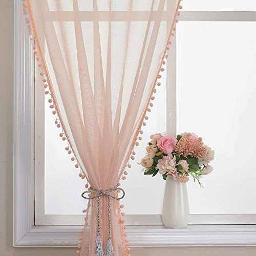 NWT MIULEE Curtains- Panels Pom Pom Tasseled White 84″ Sheer Pink 2 Panels