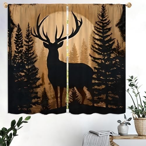 Forest Theme Rustic Deer Pine Kitchen Curtains Country Vintage Retro Cabin Lodge