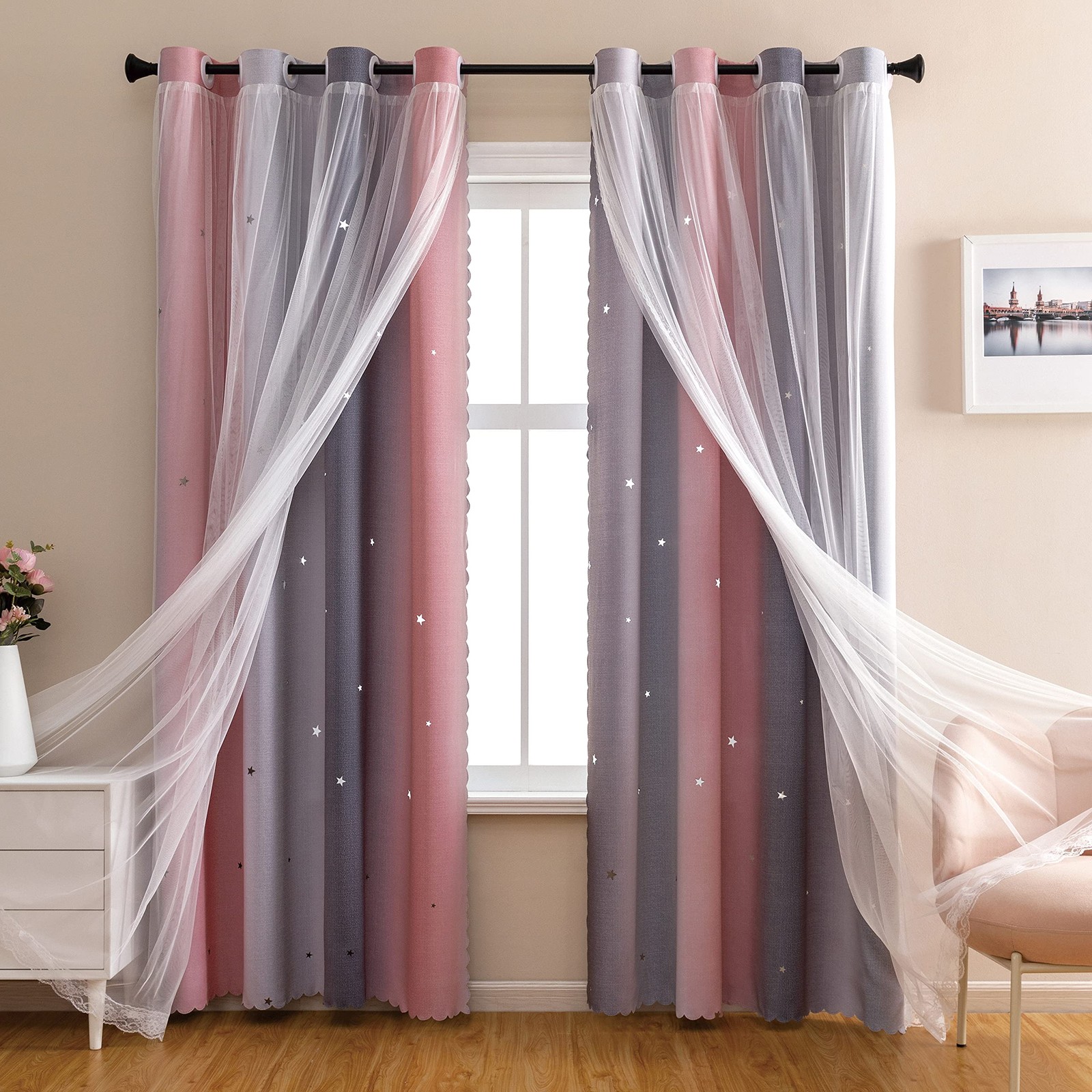 XiDi Pink and Grey Star Blackout Curtains for Kids Rooms Girl Princess Curtain