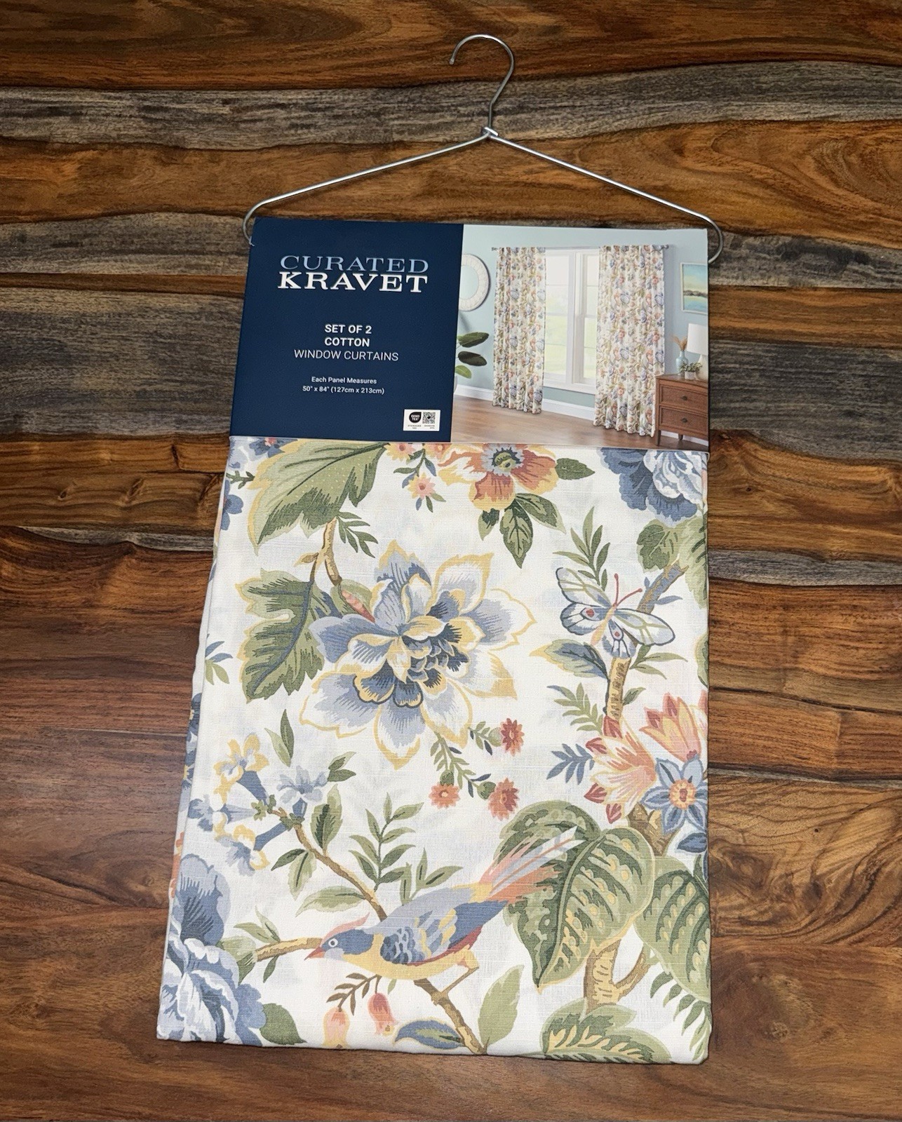 NWT Curated Kravet 2 pc Window Curtains Jacobean Floral Birds Cotton 50″ x 84″