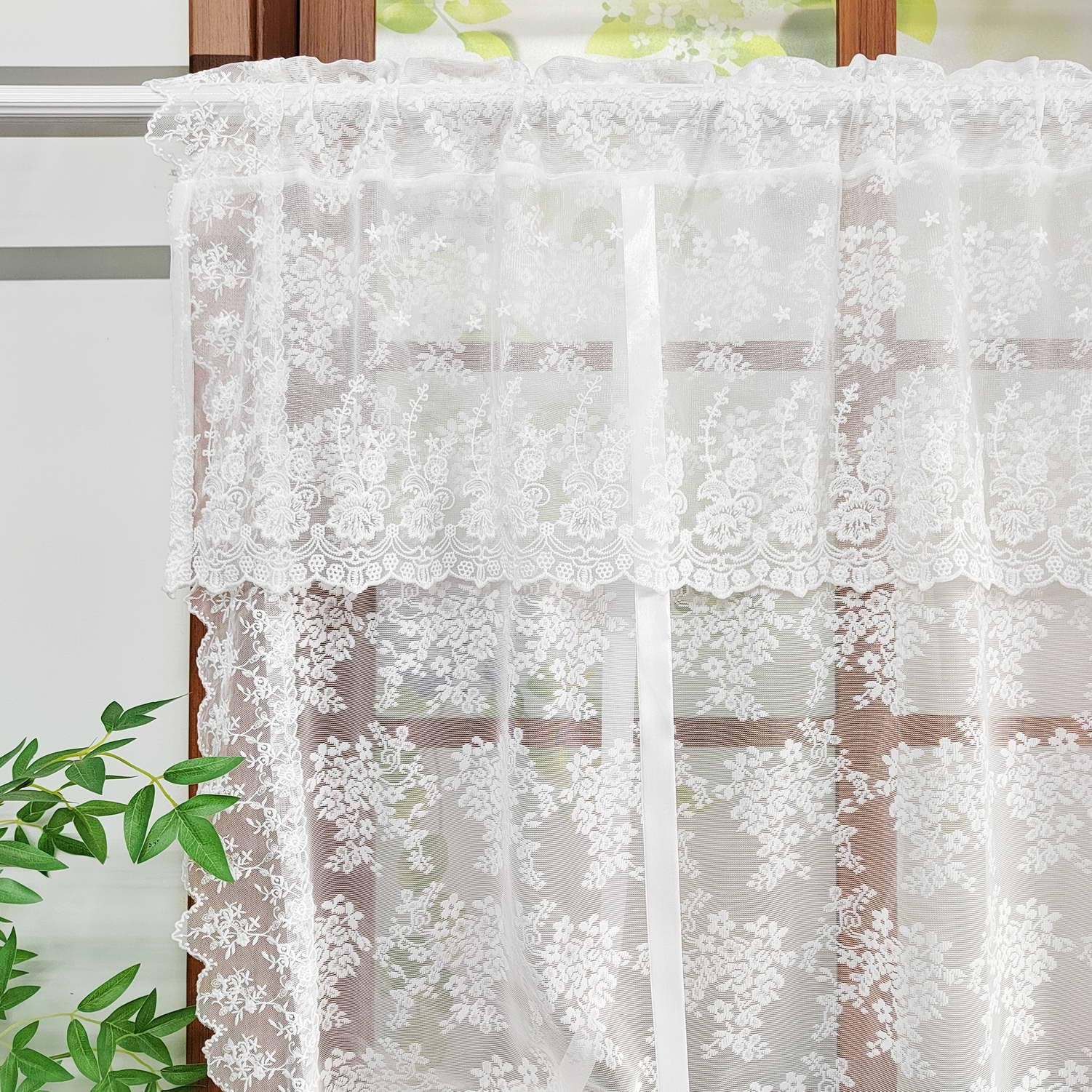 White Floral Lace Tie Up Curtain, Adjustable Lift Balloon Window Shade