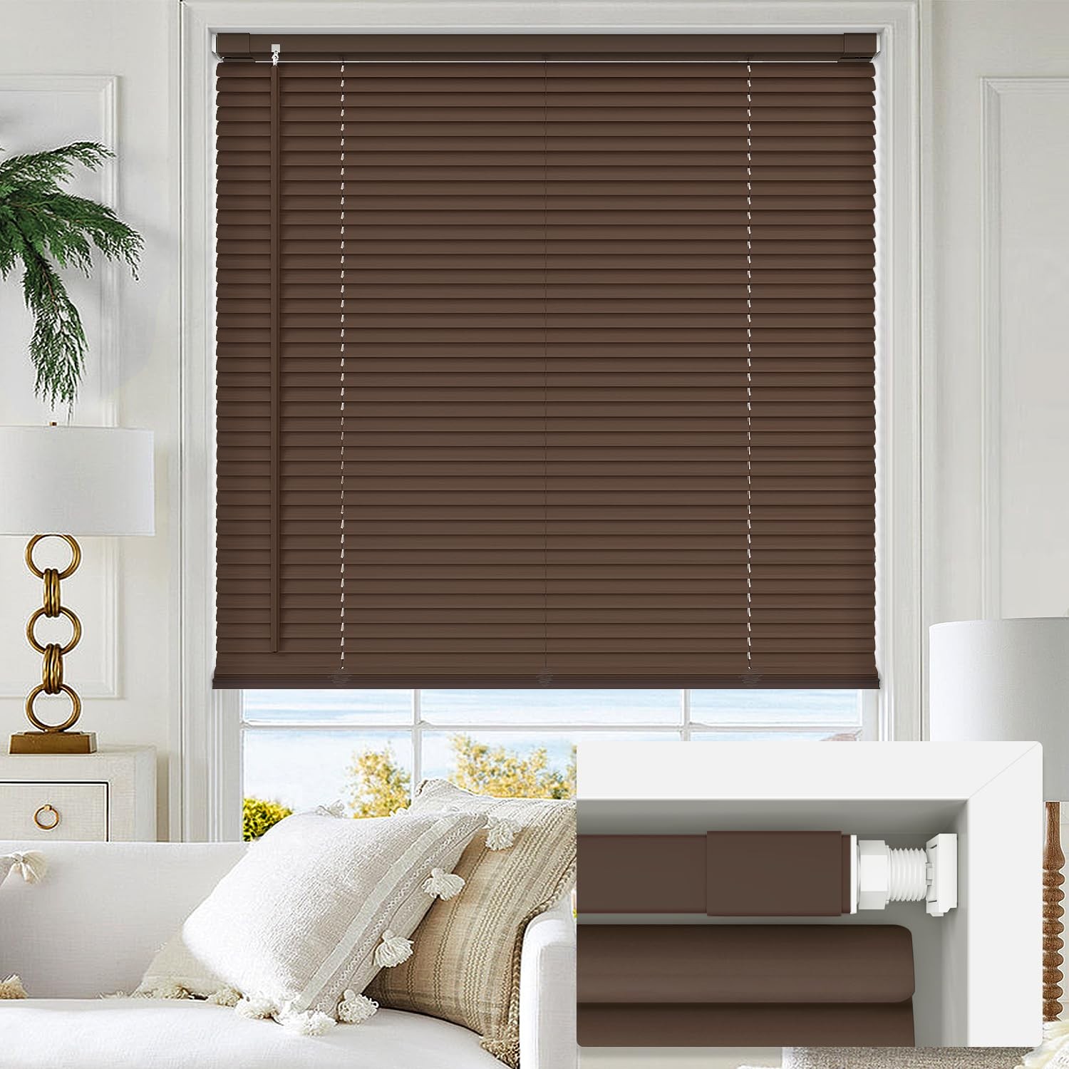 LazBlinds No Tools Drill 1″ Vinyl Mini 37″ W × 64″ H, Cordless-mahogany