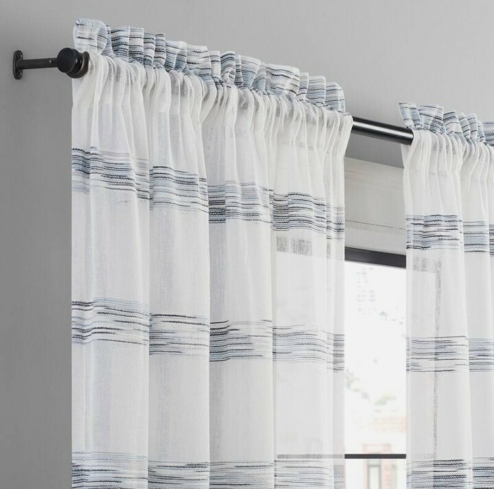 VUE ELEMENTS Kyoto Semi-Sheer Striped Single Curtain Panel White Blue 84″ New
