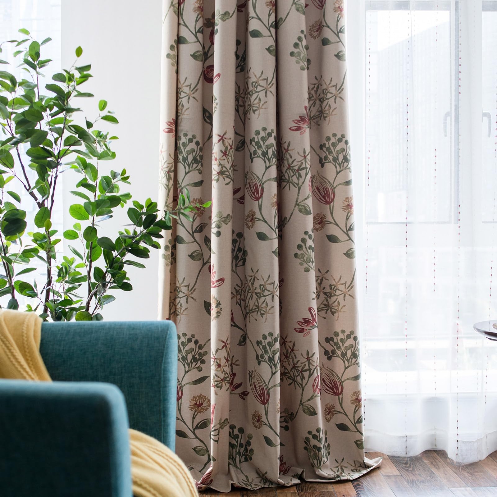 SUOUO Red Floral Curtains 84 inches Long Light Filtering Grommet 2 Panels