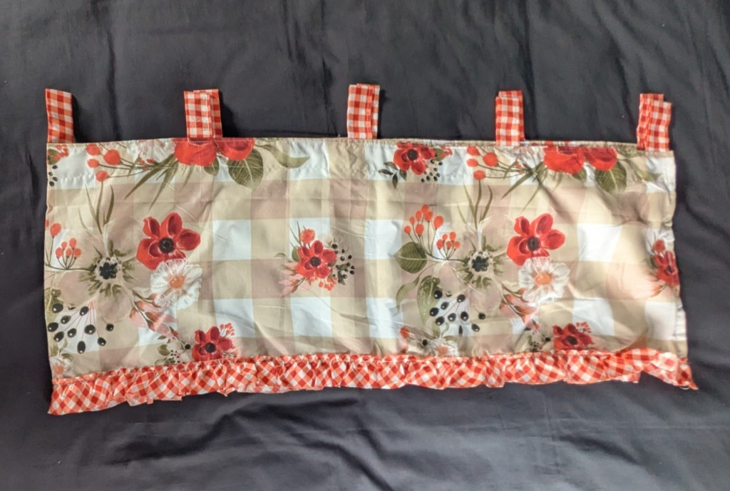 Gingham Floral Tab Top Valance Red Beige Checked Poppies Country 19″ x 83″