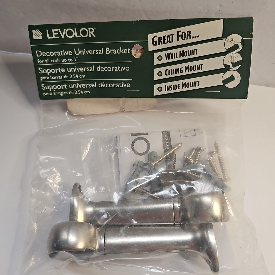 Levolor Universal Curtain Rod Bracket Up To 1″ Round Rods 3-Way Mount Nichel 2ct
