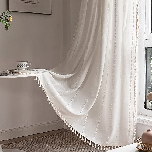 Boho Curtains 84 Inches Long for Bedroom Living 52″W x 84″L (Pack of 1) White