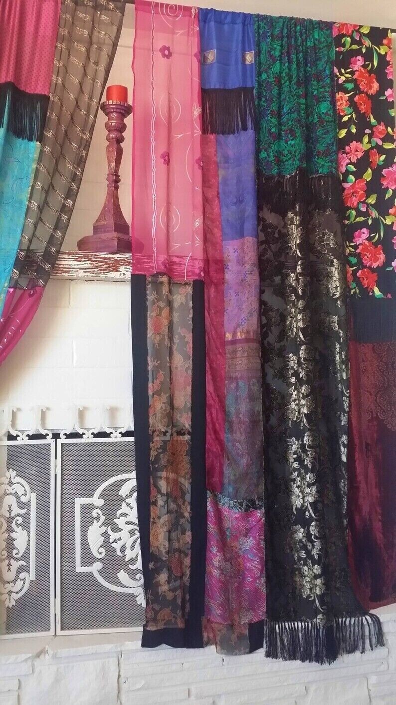 2 Pcs Indian Sari Patchwork Curtain Drape Window Decor Multi Silk Sari Curtain
