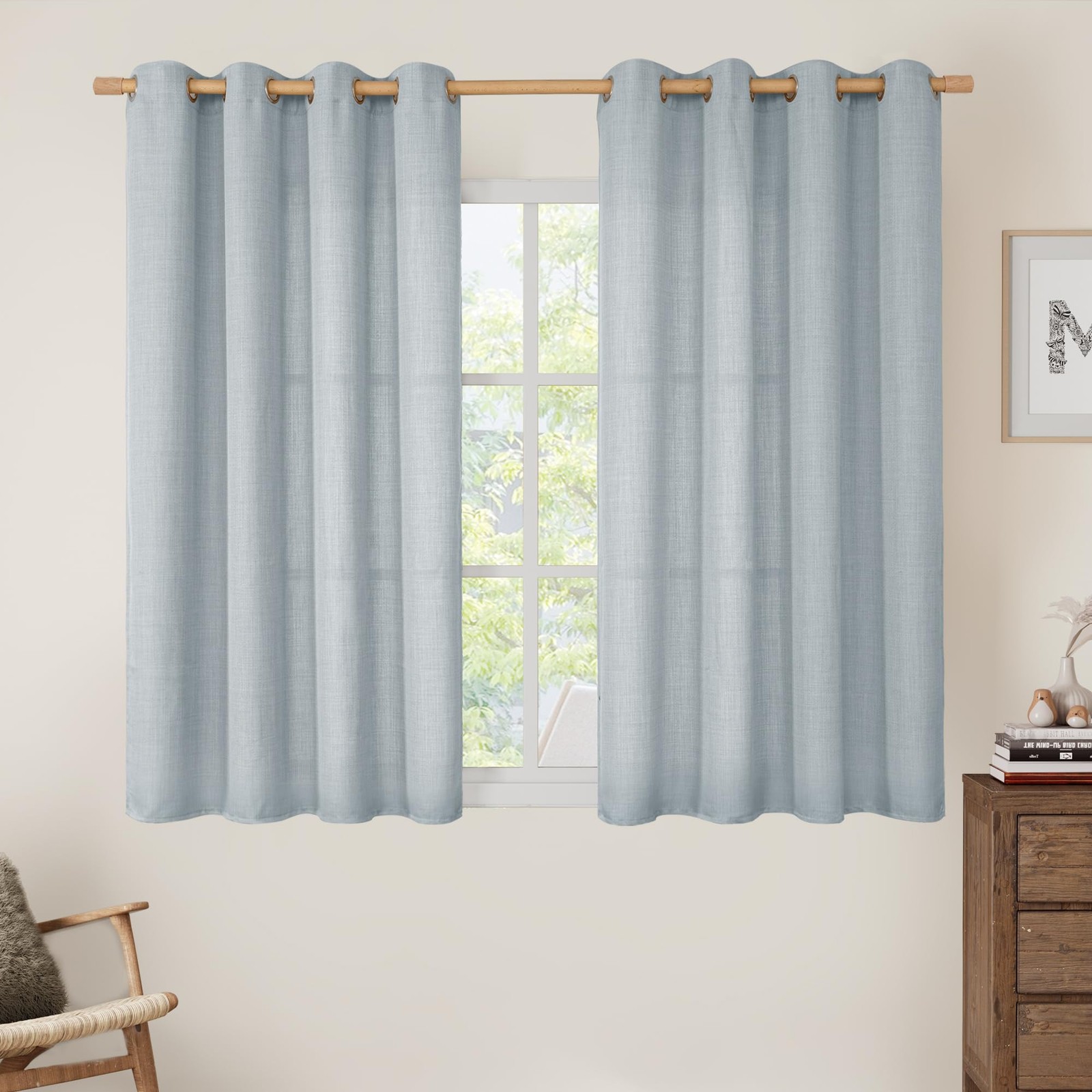 LAMIT Haze Blue Linen Curtains 54″ L, Grommet Thick Textured Shade (2 Panels)