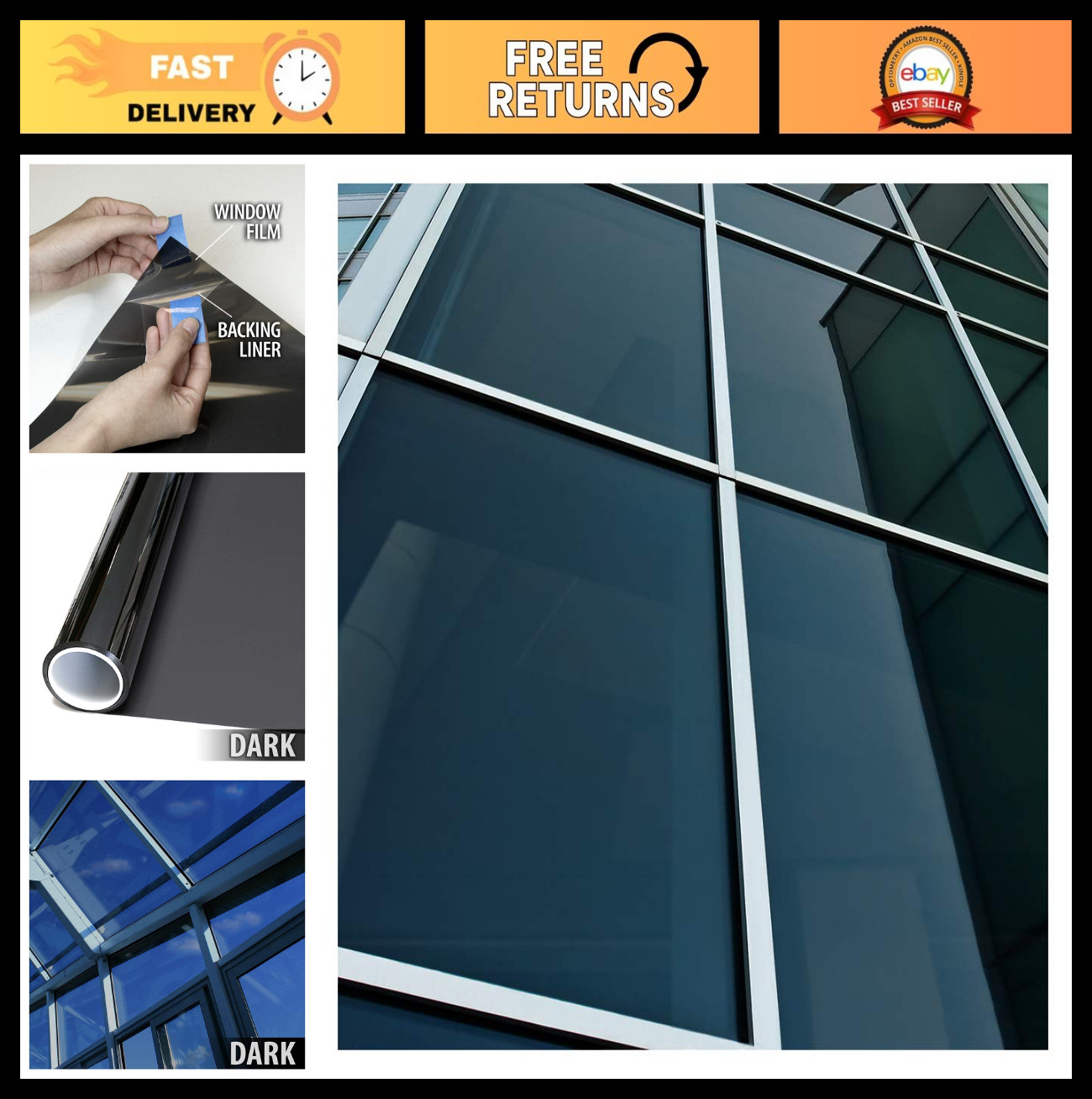 Daytime Privacy Window Film – Sun Control Natural Black 48in x 24ft – Dark Tint
