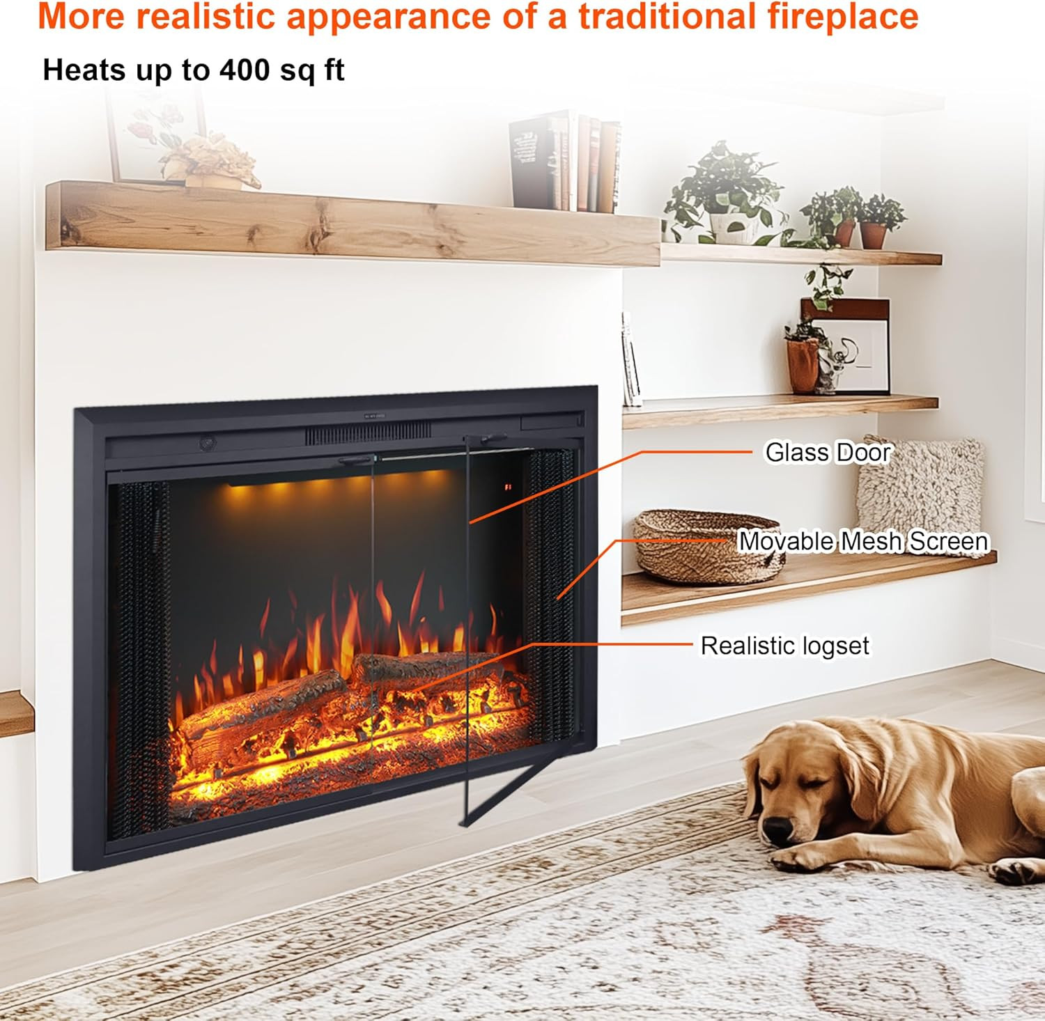 33” W Electric Fireplace Insert with Low/High Temperature Settings, Movable Mesh