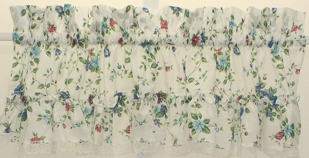 Country Floral Ruffled Valance Tiers Daisy Lace Trim Flowers Cafe Curtain