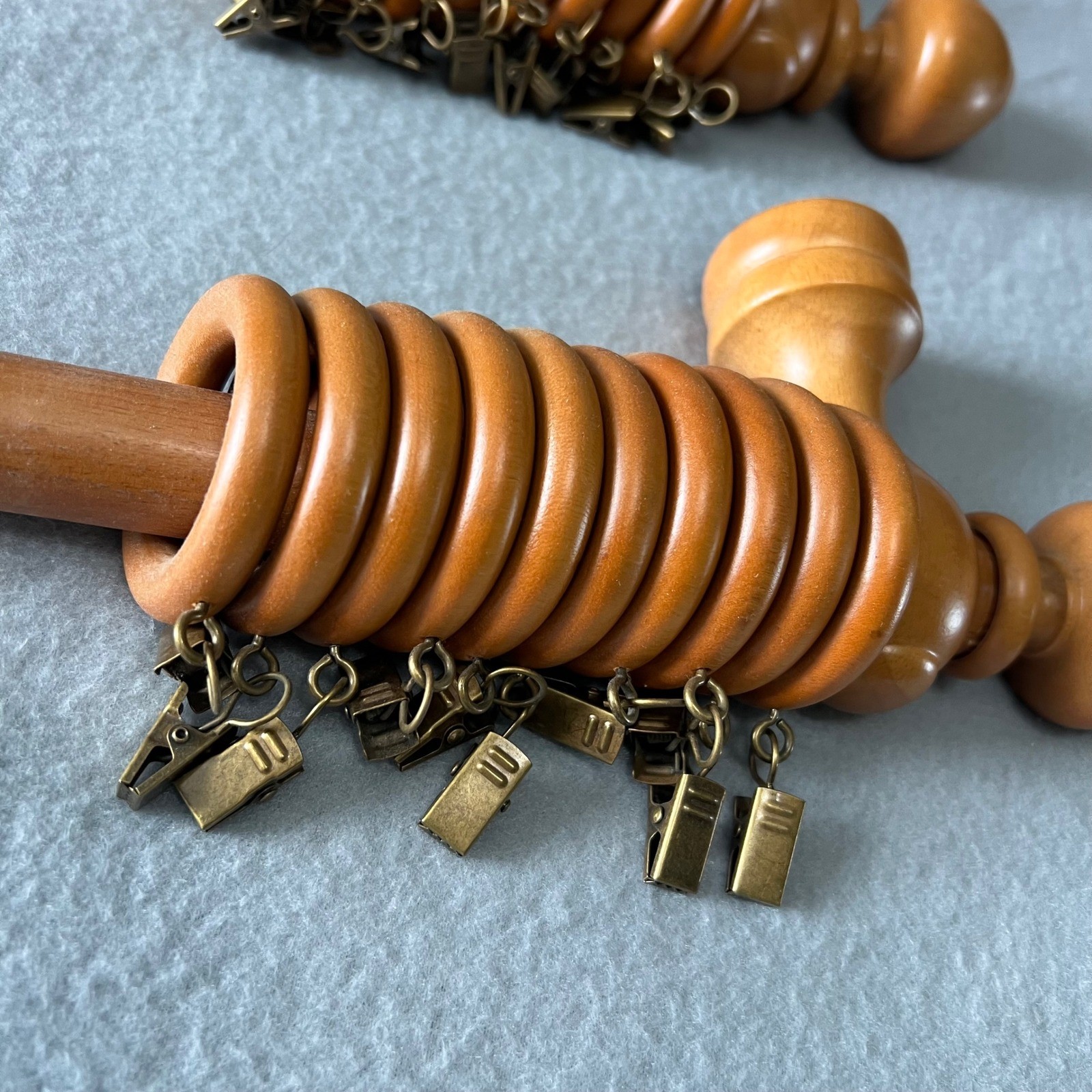 Vintage Wooden Drapery Curtain Rod Set of 2 Rings Clips Boho Farmhouse Cottage