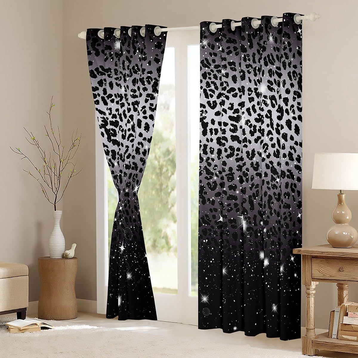 Leopard Print Blackout Curtains,Black Grey Cheetah Skin African Big Cat Windo…