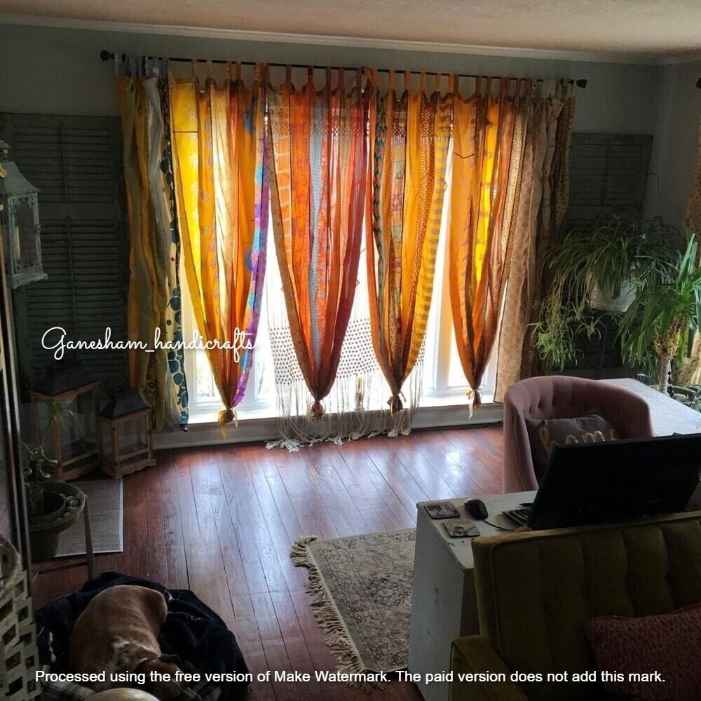 1Pc Indian Sari Patchwork Curtain Drape Window Decor Orange Silk Sari Curtain