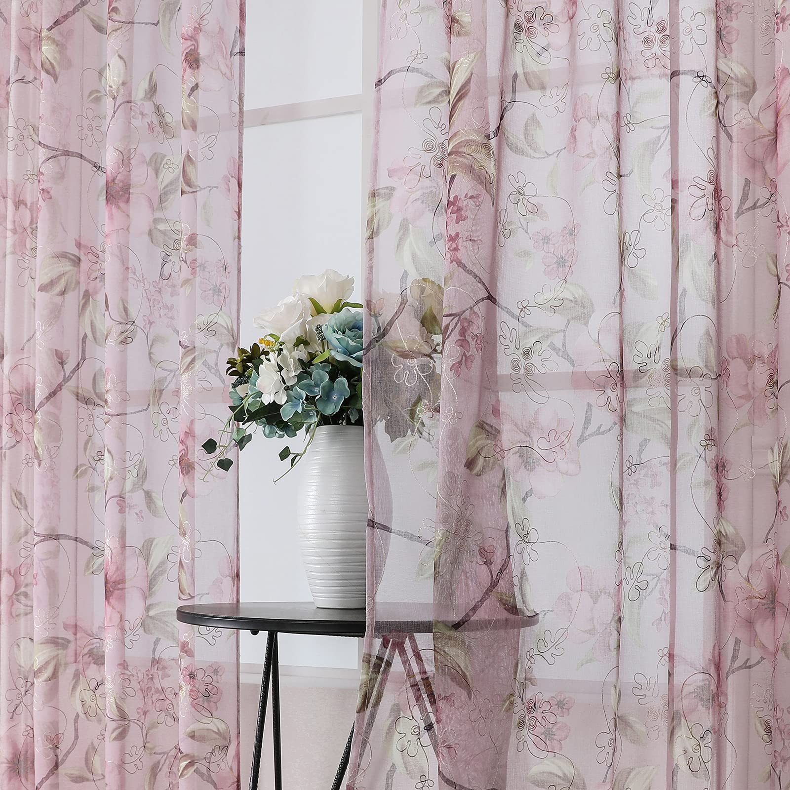 Tollpiz Sheer Curtain Pink Flower Leaf Printed 54″W x 45″L (Pack of 2),