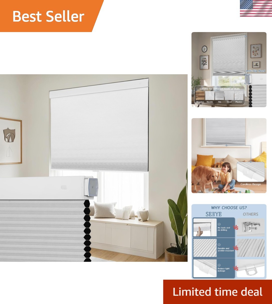 No Drill Cordless Blackout Cellular Shades – 50″ W x 64″ H for Indoor Windows