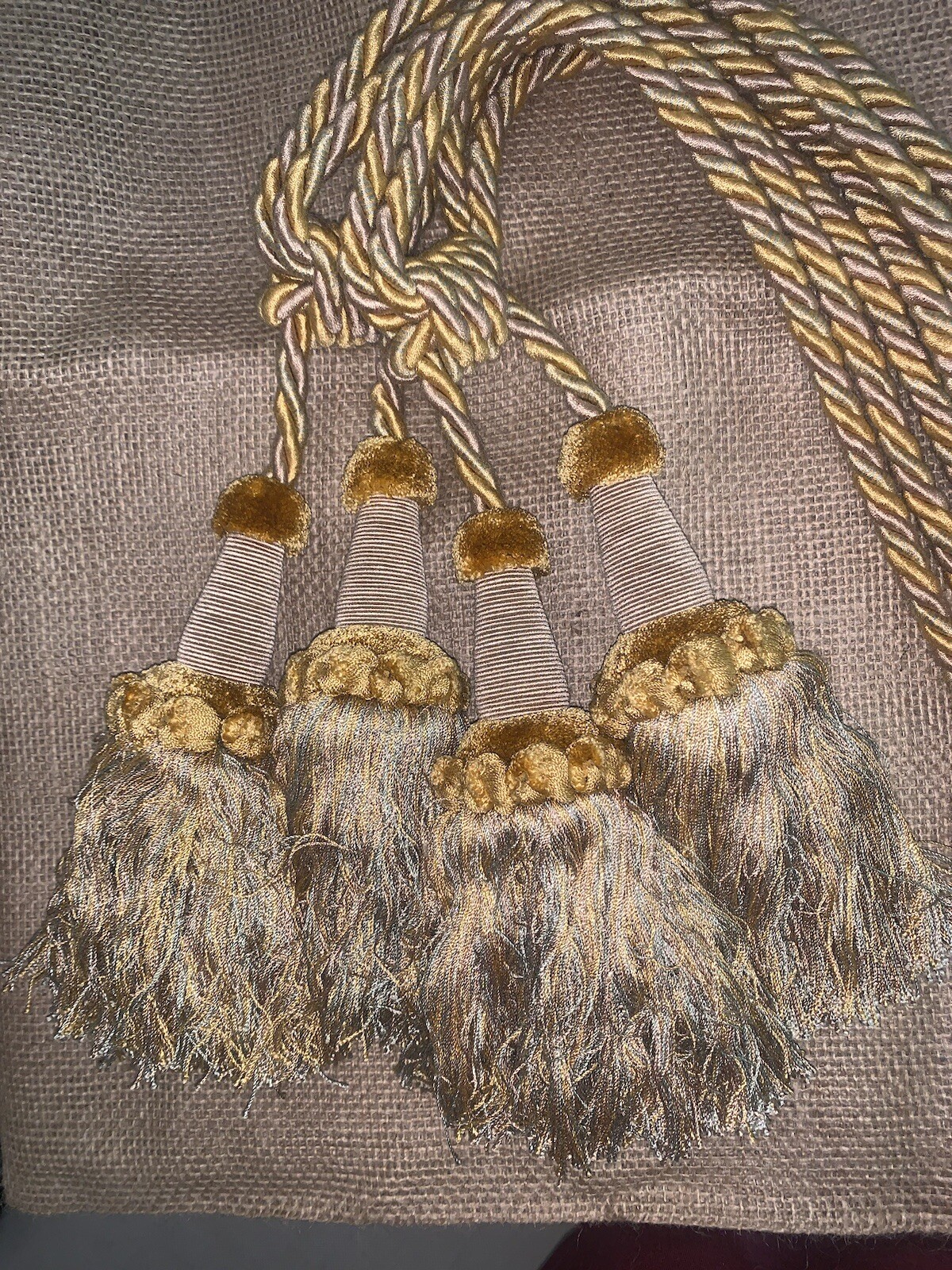 Set/2 Curtain Tie Backs Gold Blue Tan Tassels 27.5”L Wdetail Loop cord 7.5”L W/o
