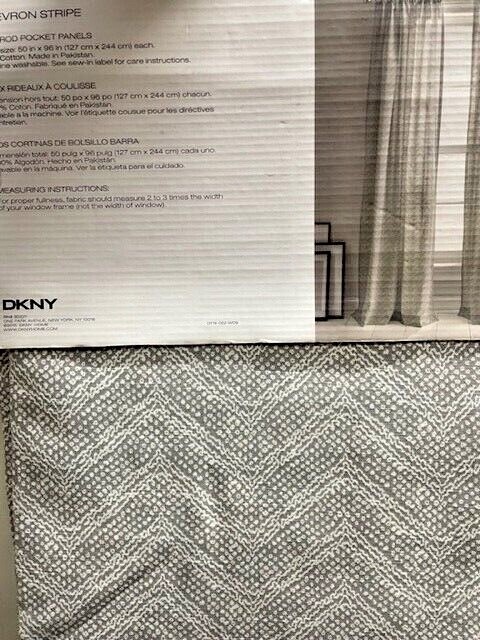 DKNY Chevron Stripe Herringbone 2 Window Curtain Panels Taupe Grey Ivory 50 x 96