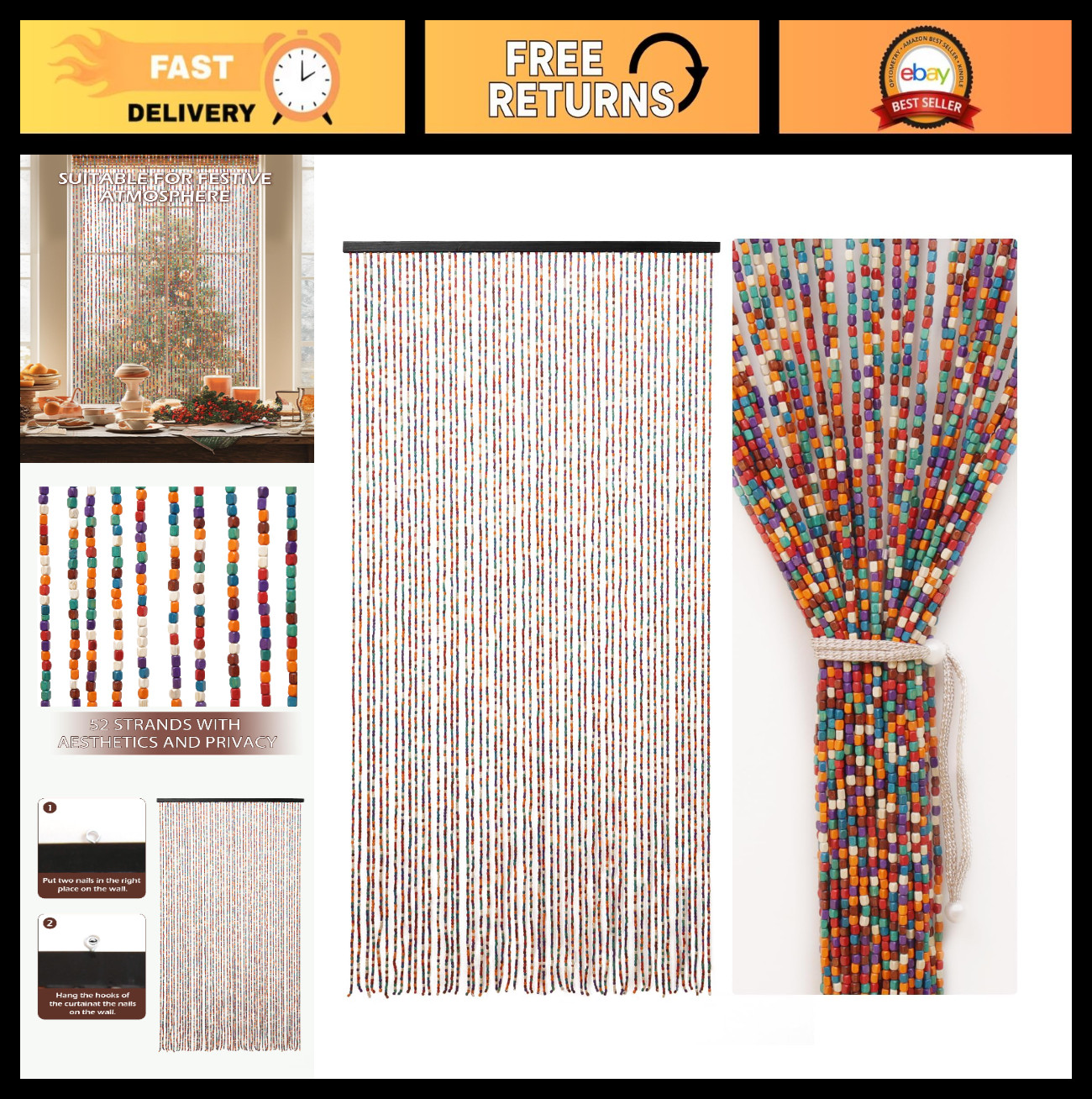 Colorful 52-Strand Beaded Curtain for Doorways – Handmade Insect Screen, 35.4″x7