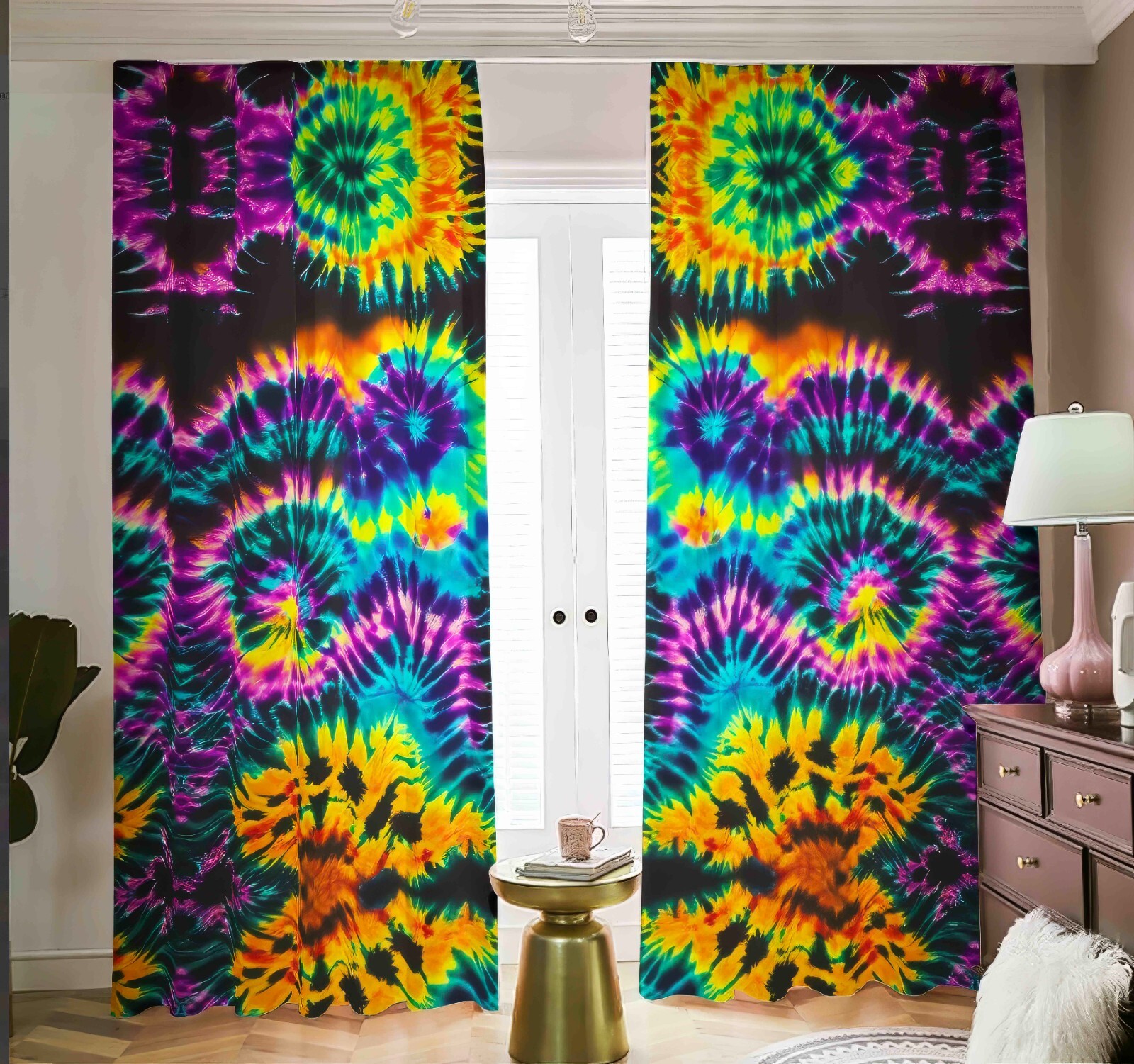 Rainbow Tie Dye Blackout Curtains Drapes Shades 2 Panel Set Psychedelic Blue