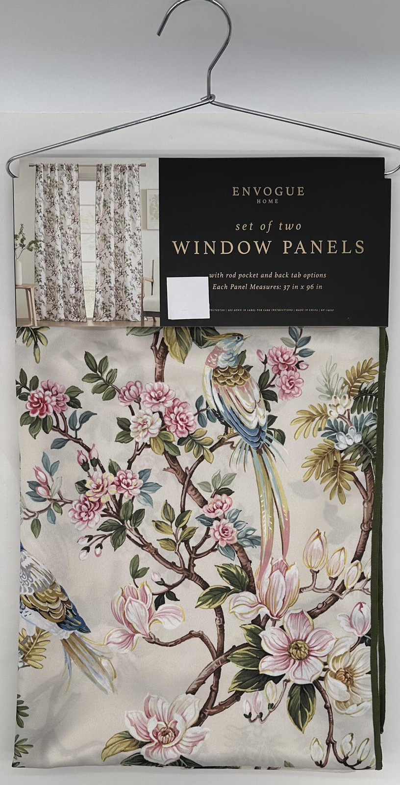 Envogue Home Back Tab Rod Pocket Floral Birds Panels Drapes Curtains (2) 37 x 96