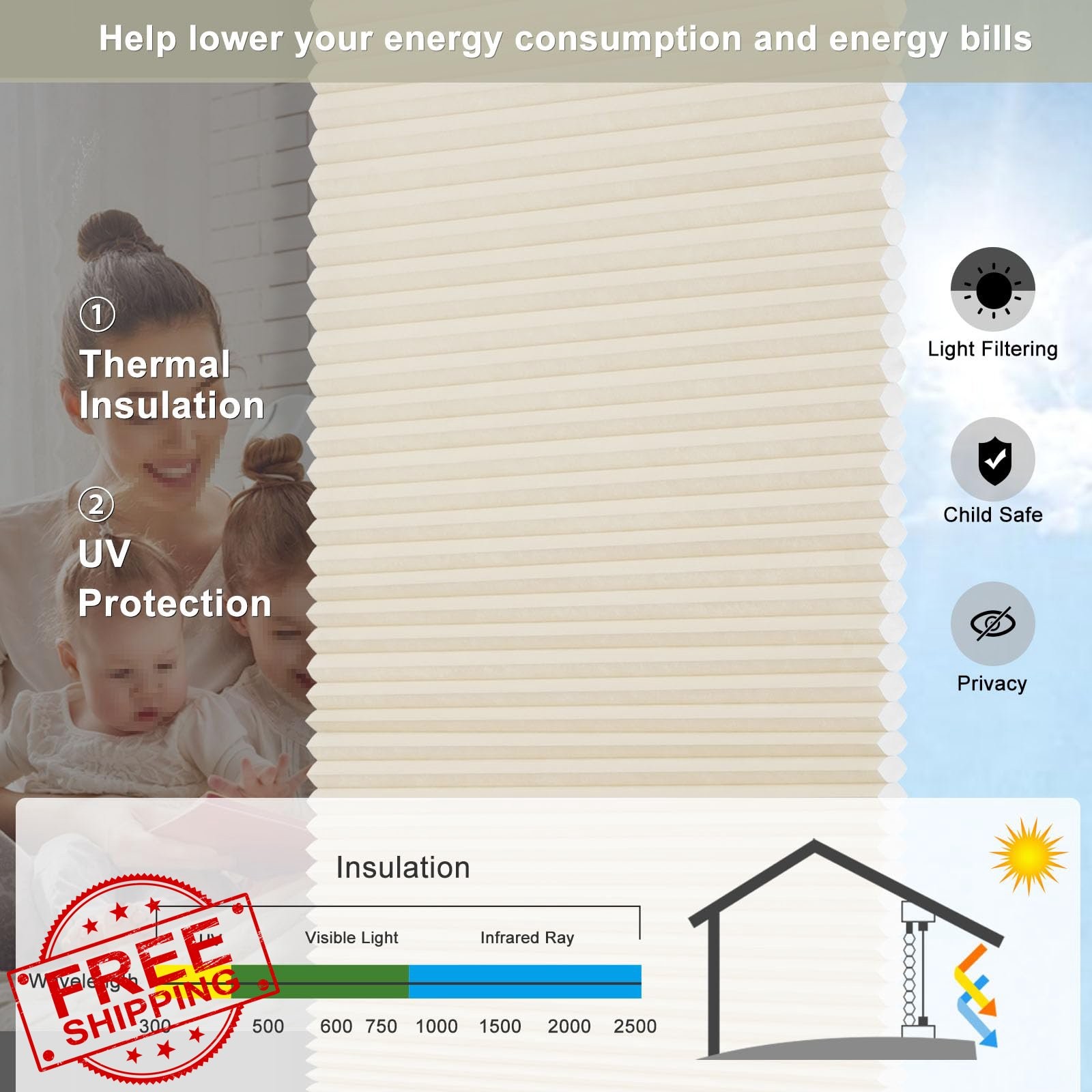 Changshade Beige Light Filtering Cellular Shade 35.5″W x 72″H Cordless Honeyc…