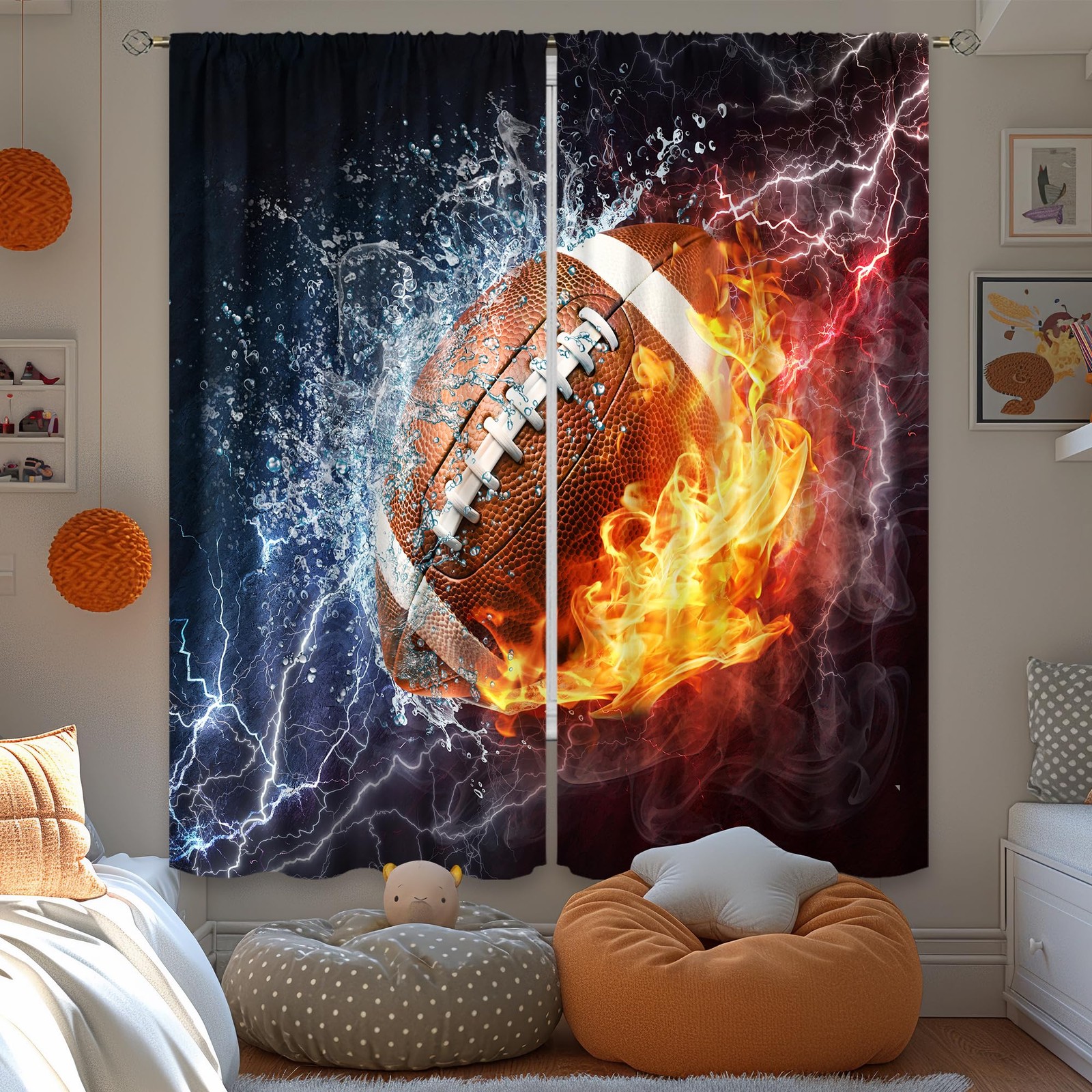 Cinbloo Sports Curtains for Boys Bedroom 42″W x 63″L (Pack of 2), Footaball