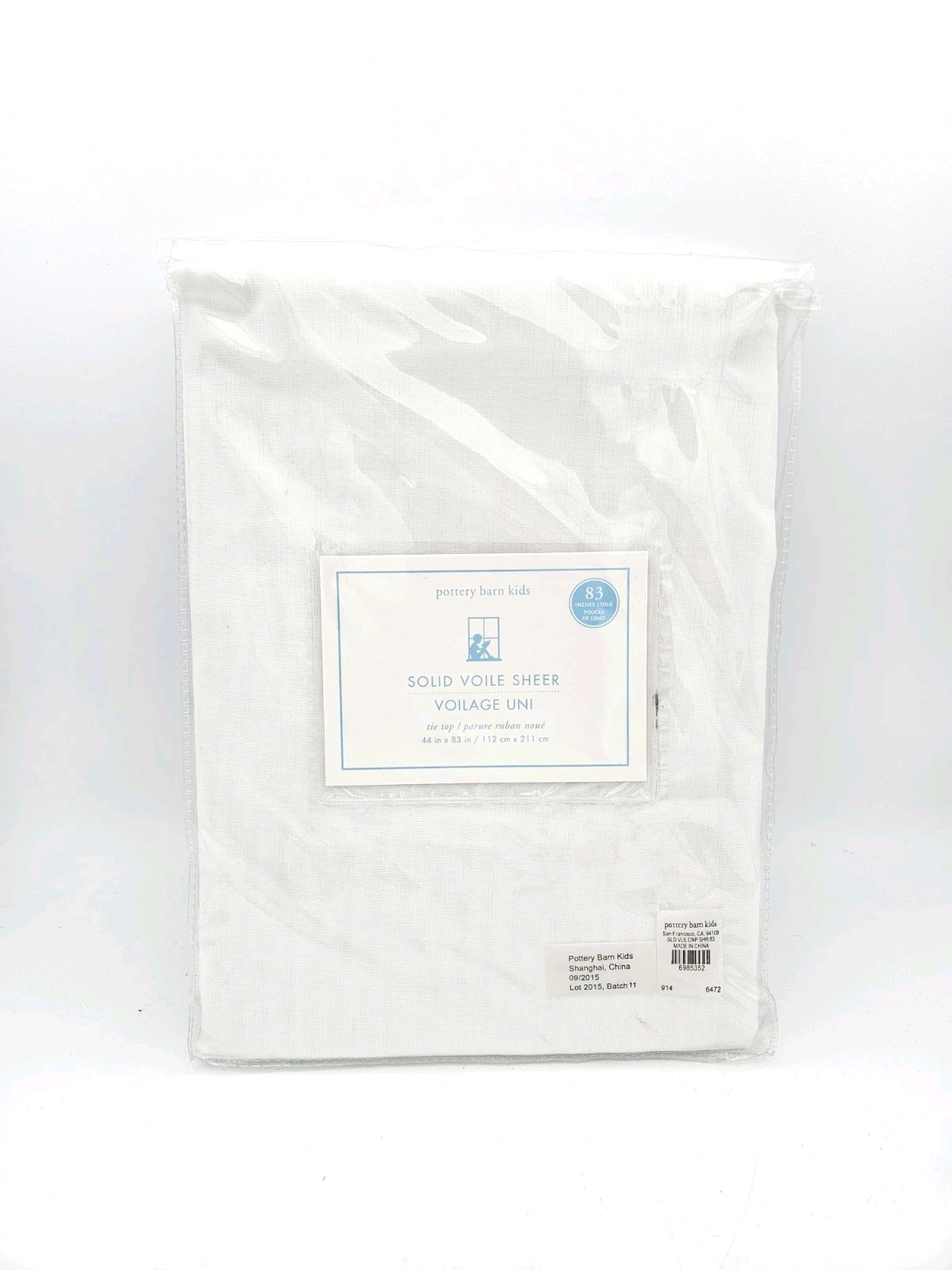 Pottery Barn Kids Voile Sheer Cotton Curtain Pair Set White Tie-top 44″ X 83″