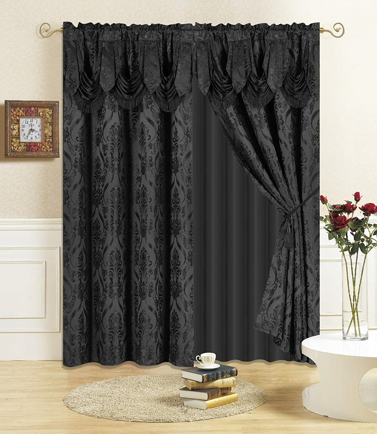 Set 2 Solid Black Fringe Damask Curtains Panels Drapes Valance 63 84 96 inch L